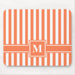 Coral Modern Stripe with Monogram Mouse Pad