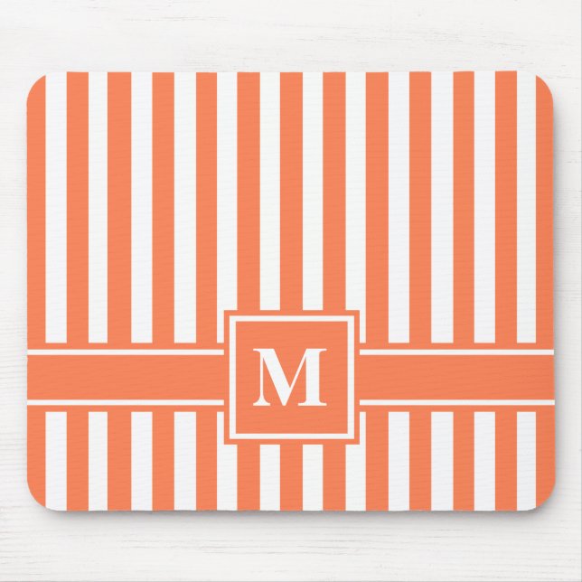 Coral Modern Stripe with Monogram Mouse Pad (Front)