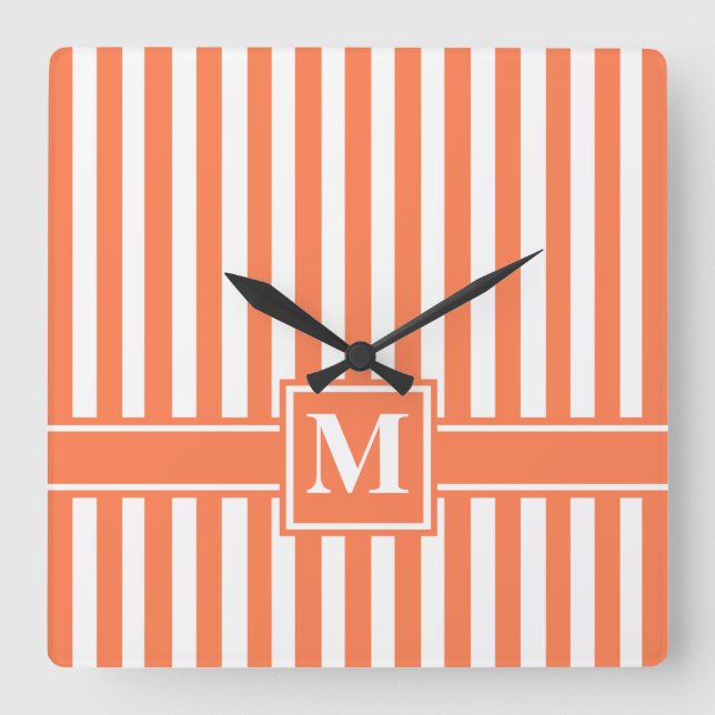 Coral Modern Stripe with Monogram Square Wall Clock (Front)