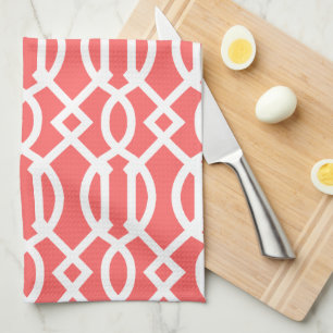Coral Modern Trellis Pattern Tea Towel