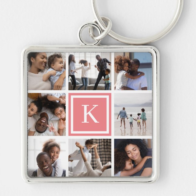 Coral Monogram 8 Photo Collage Key Ring (Front)