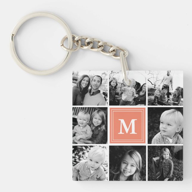 Coral Monogram Family Photo Collage Key Ring (Front)