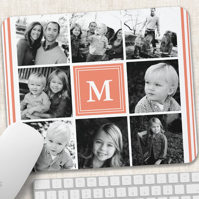 Coral Monogram Family Photo Collage Mouse Pad (Creator Uploaded)