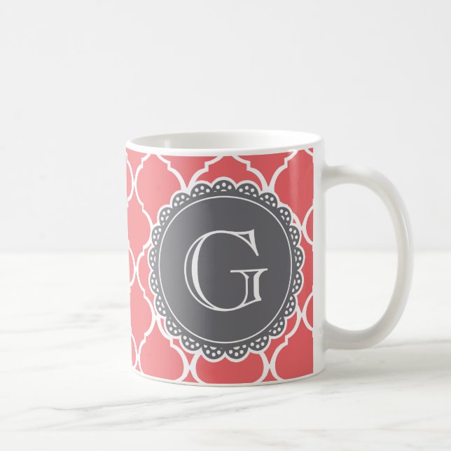 Coral Moroccan Lattice Pattern Grey Monogram Coffee Mug (Right)