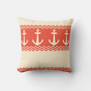 Coral Nautical Anchor Coastal Stripes Cushion