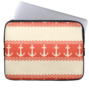 Coral Nautical Anchor Coastal Stripes Laptop Sleeve