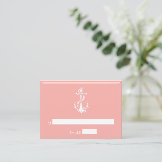 Coral Nautical Anchor Wedding Place Cards (Standing Front)