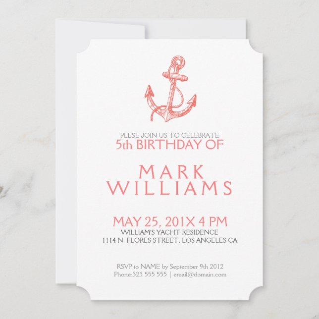 Coral Nautical Floral Anchor Birthday Party Invite (Front)