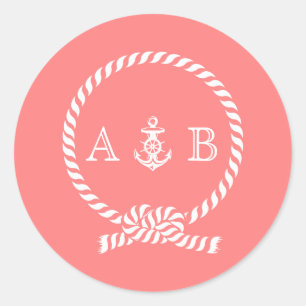 Coral Nautical Rope and Anchor Monogram Classic Round Sticker