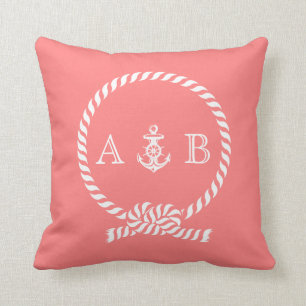 Coral Nautical Rope and Anchor Monogram Cushion