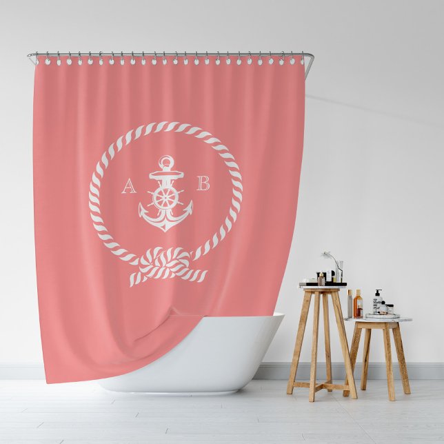 Coral Nautical Rope and Anchor Monogram Shower Curtain (Creator Uploaded)