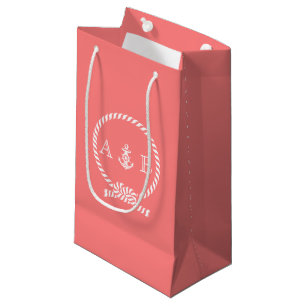 Coral Nautical Rope and Anchor Monogram Small Gift Bag