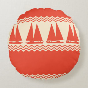 Coral Nautical Sailboat Coastal Stripes Round Cushion