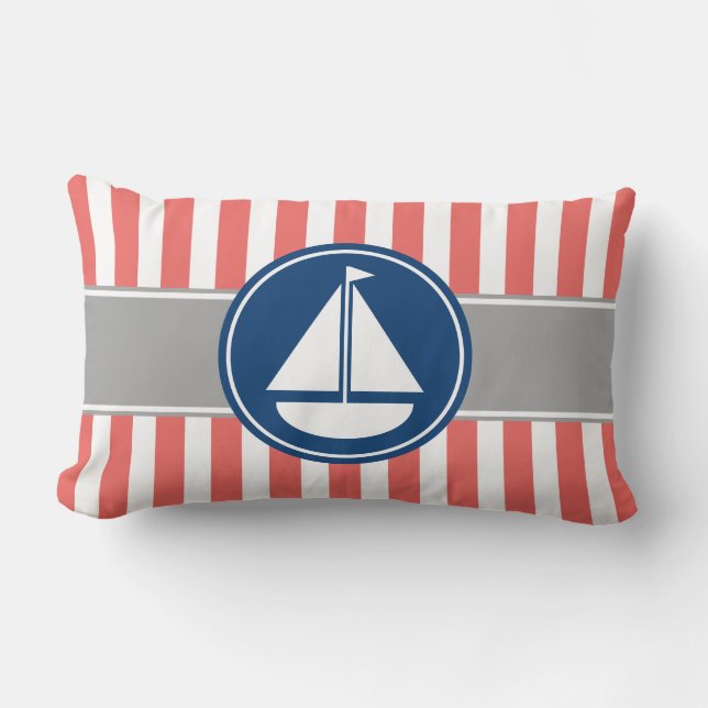 Coral Nautical Sailboat Stripes Lumbar Cushion (Front)