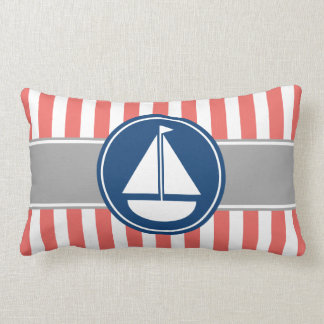 Coral Nautical Sailboat Stripes Lumbar Cushion