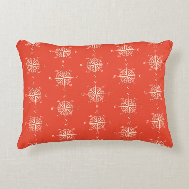 Coral Nautical Sailing Compass Decorative Cushion (Front)