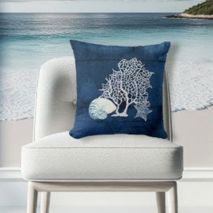 Coral Nautilus Starfish Seashell Beach House Navy Cushion