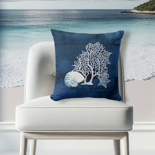 Coral Nautilus Starfish Seashell Beach House Navy Cushion (Creator Uploaded)