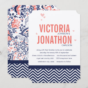Coral Navy and Coral Zig Zag and Floral Wedding Invitation