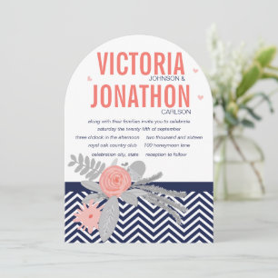 Coral Navy and Coral Zig Zag and Floral Wedding Invitation