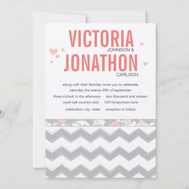 Coral Navy and Gray Zig Zag Typography Wedding Invitation (Front)