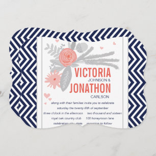 Coral Navy and Grey Zig Zag Romantic Wedding Invitation