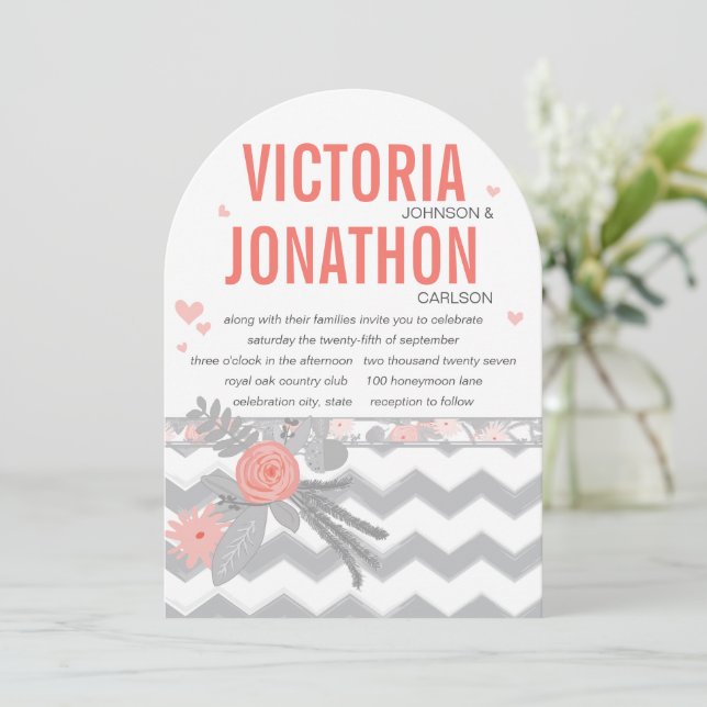 Coral Navy and Grey Zig Zag Typography Wedding Invitation (Standing Front)