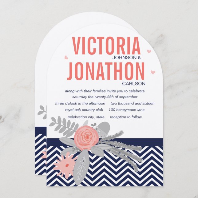 Coral Navy and Pink Zig Zag and Floral Wedding Invitation (Front/Back)