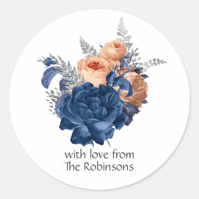 Coral, Navy and Silver Floral Wedding Classic Round Sticker (Front)