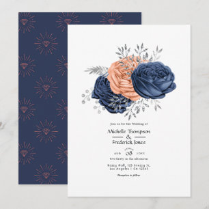 Coral, Navy and Silver Floral Wedding Invitation