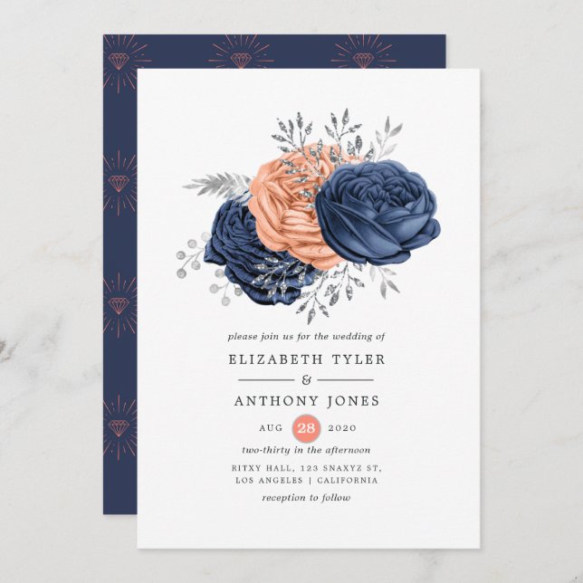 Coral, Navy and Silver Floral Wedding Invitation (Front/Back)