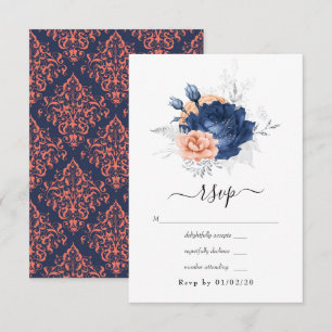 Coral, Navy and Silver Floral Wedding RSVP Card