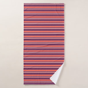 Coral, navy blue and white five stripes pattern bath towel
