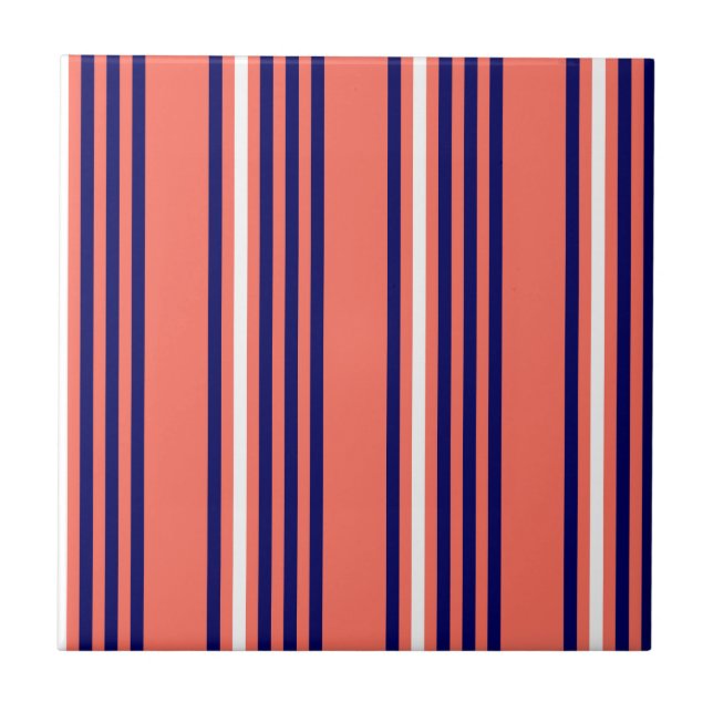 Coral, navy blue and white five stripes pattern ceramic tile (Front)