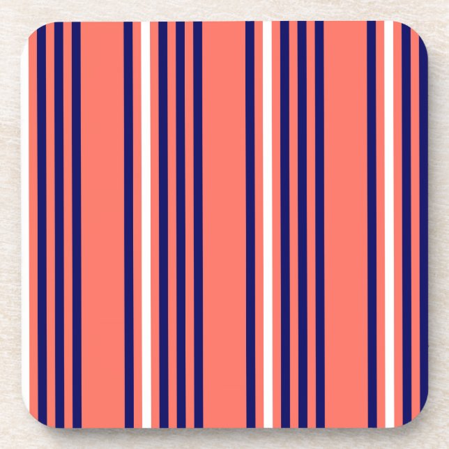 Coral, navy blue and white five stripes pattern coaster (Front)