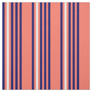 Coral, navy blue and white five stripes pattern fabric