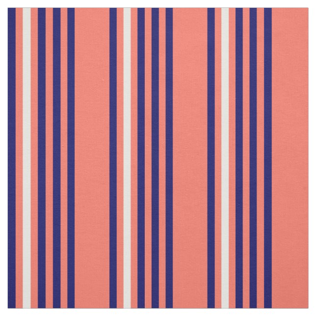 Coral, navy blue and white five stripes pattern fabric (Swatch)