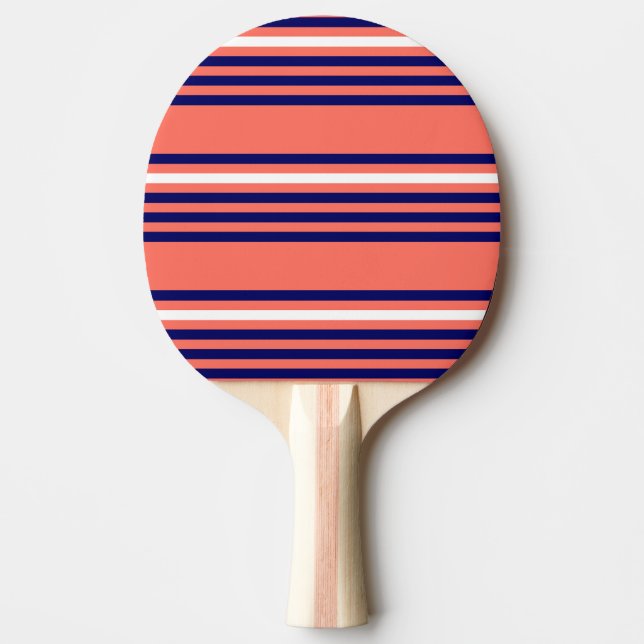 Coral, navy blue and white five stripes pattern ping pong paddle (Front)