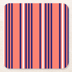 Coral, navy blue and white five stripes pattern square paper coaster