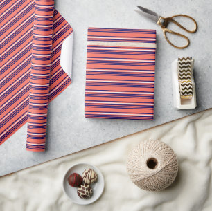 Coral, navy blue and white five stripes pattern wrapping paper