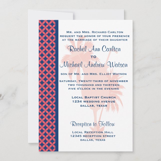 Coral & Navy Blue Beach Wedding Invitations (Front)