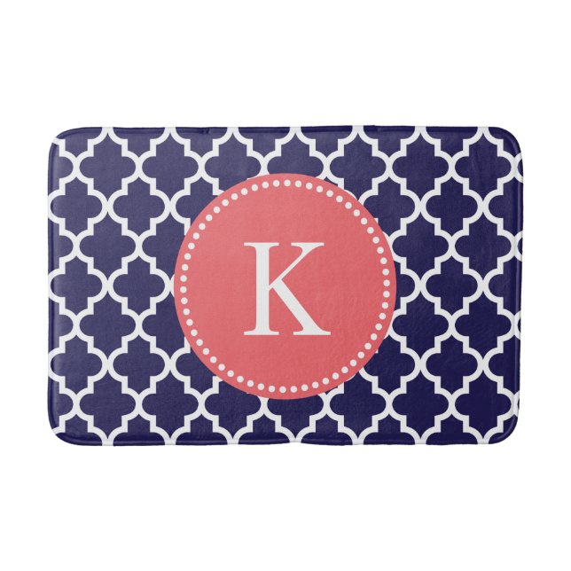 Coral Navy Blue Custom Monogram Quatrefoil Pattern Bath Mat (Front)