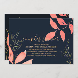 Coral Navy Blue Gold Wedding Couples Bridal Shower Invitation