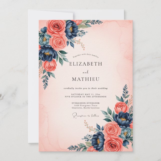 Coral Navy Blue Refined Floral Wedding Invitation (Front)
