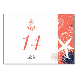 Coral Navy Blue White Nautical Wedding Table Number