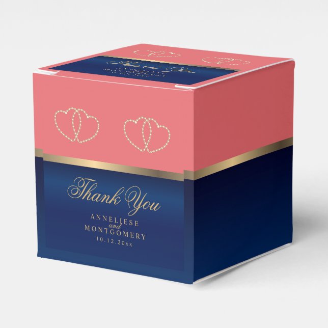 Coral & Navy Blue with Gold Hearts Favour Box (Front Side)