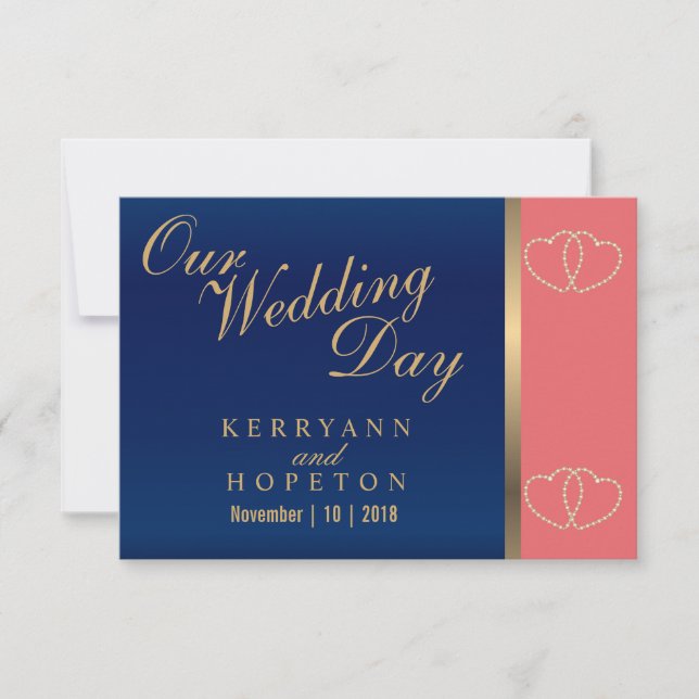 Coral & Navy Blue with Gold Hearts - RSVP Card (Front)