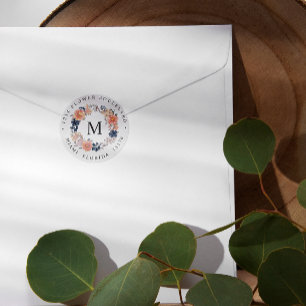 Coral Navy Botanical Monogram Return address Classic Round Sticker