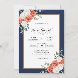 Coral Navy Bouquet Eucalyptus Wedding Invitation
