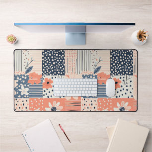 Coral Navy Floral Patchwork Quilt Pattern Desk Mat